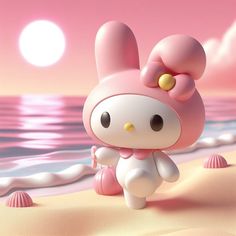 hello kitty is walking on the beach with her ears up and eyes wide open,