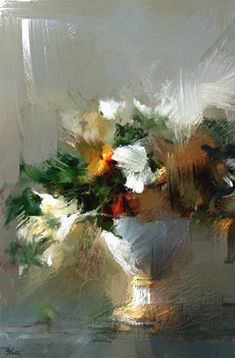 a painting of flowers in a white vase