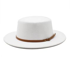 Style: Wool Felt Flat Top Fedora HatsItem Type: Fedora jazz hats, women fashion hats, hat fashion women, women's fedora hat, women's hatPattern Type: SolidDetail: Narrow Belt BuckleFeature: Fashion accessory, sun protectionSize: 22.05-22.83in / 56-58cmMaterial: CottonMaterial: PolyesterMaterial: Wool Luxury Adjustable Flat Brim Felt Hat, White Flat Bill Hat For Winter, Elegant White Fedora With Flat Bill, Trendy White Fedora With Flat Brim, White Flat Bill Winter Hats, White Winter Flat Bill Hat, White Fedora Hat For Fall, Trendy White Hat Bands With Flat Brim, Adjustable Flat Brim Felt Hat