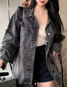 Grey Denim Jacket Outfit, Grey Jean Jacket, Long Denim Coat, Grey Denim Jacket, Denim Jacket Outfit, Concept Clothing, Grey Jacket, Denim Clothing, School Clothes