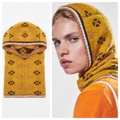 Jacquard Knit Hood Mustard 5% Wool Flame Hat Fingering Knit Pattern, Knit Turban Headband, Knit Turban, Knit Jacquard, Knitted Balaclava, Zara Accessories, Reference Pics, Wool Berets, Knitted Hood