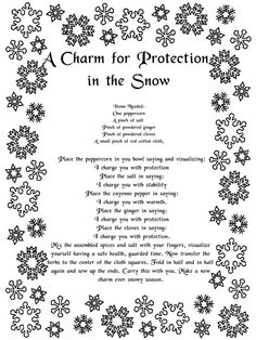 a poem with snowflakes on it and the words charm for protection in the snow