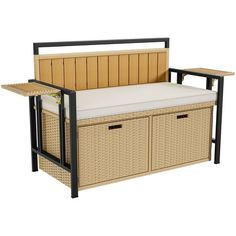 an outdoor storage bench with two baskets on it's sides and a cushion under the seat