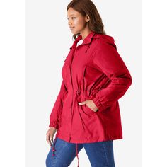 A soft, removable fleece lining combined with water resistant fabric makes this anorak ideal for fighting the elements. A removable hood with adjustable drawstrings blocks rain and wind, and a zip front with snap placket keeps water out. Drawstrings at the waist and hem allow you to adjust the silhouette to your perfect fit. Rain Jacket Women, Pockets Fashion, Plus Size Winter, Active Jacket, Woman Within, Anorak Jacket, Ladies Of London, Water Resistant Fabric, Pullover Jacket