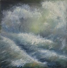 an oil painting of waves in the ocean on a gray and green background with white clouds