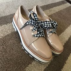 Zara Patent Leather Shoes With Gingham Shoe Laces Size 7 New Without Tags . These Shoes Will Good With Blue Jeans Or Dressed Up With Slacks Gingham Shoes, Leather Brogues, Statement Shoe, Patent Leather Shoes, Women's Loafers, Shoes Color, Zara Shoes, Spring Shoes, Buy Shoes