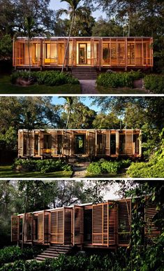 three pictures of different types of houses in the woods