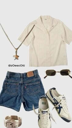 an outfit consisting of shorts, shirt and sneakers