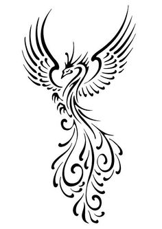 a black and white drawing of a bird with swirls on it's wings