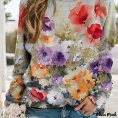 Olivia Mark - Floral Print Sweatshirt, Casual Long Sleeve Crew Neck Sweatshirt For Spring & Fall, Women's Clothing Robes Glamour, Pullover Mode, Stylish Sweaters, Floral Print Shirt, Round Neck Sweatshirts, Round Neck Sweaters, Loose Tops, Belleza Natural, Pattern Floral