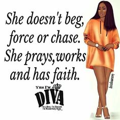 a woman in an orange dress standing next to a white background with the words, she doesn't be force or chase she prays works and has faith