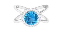 Rosec Jewels - 2.50 CT Swiss Blue Topaz Solitaire and Diamond Split Shank Ring Cheap Blue Open Ring, Split Shank Ring, 18k Yellow Gold Ring, Signature Jewelry, Swiss Blue Topaz, Split Shank, Timeless Jewelry, Blue Topaz Ring, Topaz Ring