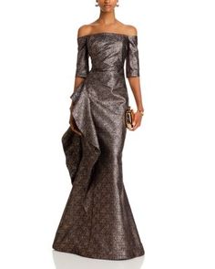 Teri Jon by Rickie Freeman Jacquard Off The Shoulder Gown Jacquard Gown, Teri Jon, One Shoulder Gown, Fashion Institute, Column Gown, Floral Jacquard, Asymmetrical Skirt, Elbow Length Sleeve, Mother Of The Groom