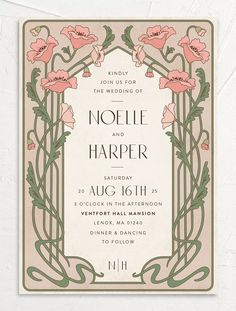 an art deco wedding card with pink flowers