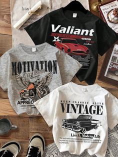 Set Of 3 Vintage Car And Motorcycle Print Round Neck Short Sleeve T-Shirt, Casual And Retro For Tween Boys, Summer Multicolor Casual    Car,Colorblock,Graphic,Letter,Slogan  Slight Stretch  Tween Boys Clothing, size features are:Bust: ,Length: ,Sleeve Length: Moto Vintage, Boys Summer, Car Shirts, Printed Trousers, Boys Top, Boys Casual, Boys Clothing, Kids Sleepwear, Vintage Car