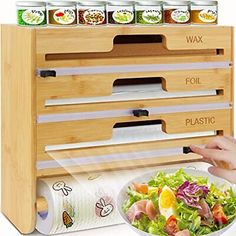 【 Save Space & Widely Used 】 - Tissue holder organizer equipped with 4 hanging holes, you can hang it anywhere on the wall or countertop. Plastic wrap organizer with cutter, supports sliding back and forth, can easily and precisely cut cling film, tin foil, and wax paper, reduce waste. Plastic Wrap Dispenser, Wood Spice Rack, Kitchen Wrap, Spice Storage, Tin Foil, Spice Organization, Paper Towel Holder, Paper Organization, Wrap Recipes