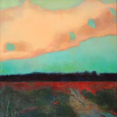 an abstract painting with red, green and blue colors in the sky over a field