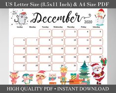 the december calendar is shown with santa claus and other holiday items on it's side