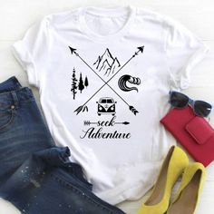 Seek Adventure Hiking Outdoors Camping Soft Graphic Tee Shirt High-Quality Bella Canvas Tee Shirt 100% Super Soft Airlume Combed Ring-Spun Cotton Handmade And Shipped Within 1 Day! Funny Sarcastic Present Gift Girlfriend Sister Fiance Engagement Comfortable Loungewear Casual Tshirt Vacation Outdoors Hiking Vanlife Mountains Sea Ocean Beach Arrow Mountains Trees Waves Casual Blouse Shirts, Casual Tshirt, Soft Graphic, Seek Adventure, Comfortable Loungewear, Adventure Hiking, Gift Girlfriend, Graphic Tee Shirt, Funny Sarcastic