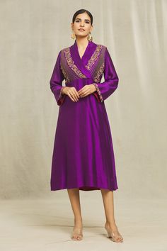 Purple dress kurta in organic silk base with bells sleeves, shawl collar, floral motifs, zardozi, sequins, beads, cutdana, kasab, resham and cotton thread hand embroidery. Comes with a matching mask.
Components: 2
Pattern: Hand Embroidered
Type Of Work: Floral
Neckline: Shawl Collar
Sleeve Type: Bell
Fabric: Organic silk
Color: Purple
Occasion: Mehendi and Haldi - Aza Fashions Kurta For Women, Kurta Dress, Floral Motifs, Womens Tunics, Embroidered Silk, Shawl Collar, Cotton Thread, Purple Dress, Aza Fashion