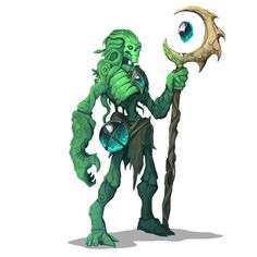 a green creature holding a large stick and an eyeball in it's hand