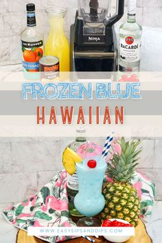 the frozen blue hawaiian cocktail is ready to be served with pineapples and orange juice