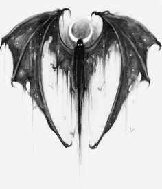 a black and white drawing of a bat with blood dripping down it's wings