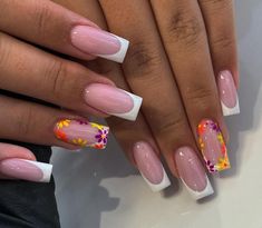 20 New Summer 2024 Nail Art You'll Love French With Flowers Nails, White French With Flowers, French With Flowers, Orange Nail Art, Flowers Nails, Negative Space Nails, Orange Nail, Nail Salon Design, Nail Drawing