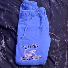 Baby Blue Playboy University Sweatpants, Never Worn, Extremely Soft Casual Blue Sweatpants With Letter Print, Casual Blue Letter Print Sweatpants, Sporty Blue Pants With Letter Print, Playboy Sweatpants, Baby Blue, Pant Jumpsuit, Color Blue, Sweatpants, University