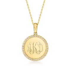 Ross-Simons - Plain - .10ct t. w. Diamond Disc Pendant Necklace in 14kt Yellow Gold. 18". Ignite your light within with diamonds! Our sparkling pendant necklace features a 14kt yellow gold disc framed by .10 ct. t. w. round diamonds. Cable chain includes a 2" extender, ideal for layering. Springring clasp, diamond disc pendant necklace. Diamond birthstones are the perfect gift for April birthdays. Pendant Necklace Diamond, April Birthday, Diamond Birthstone, Gold Disc, Necklace Diamond, Script Type, Disc Pendant, Cable Chain, Pendant Jewelry