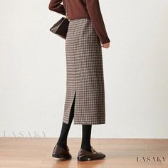 Lasaky - Thickened Plaid Midi Skirt with Split Hem and Herringbone Pattern Woolen Dress, Wool Midi Skirt, Plaid Midi Skirt, Checked Skirt, Woolen Dresses, Fairy Skirt, Wool Pencil Skirt, Check Design, Dance Skirt