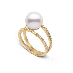 The arches of this ring bridge the 9.0-10.0 mm Freshadama pearl for a charming statement. With delicate curves of solid gold, the pearl appears to balance between the two diamond bands while being held securely in place. Freshadama pearls are sorted highest .01% of the freshwater pearl harvest each year. These pearls are exceptionally difficult to collect, and we've been proudly offering them for decades through our exclusive partnerships in Asia. With less than 5% deviation from a perfectly rou Luxury Akoya Pearl Ring In Yellow Gold, Timeless Yellow Gold Akoya Pearl Ring, Luxury Yellow Gold Akoya Pearl Rings, Elegant Yellow Gold Ring With Akoya Pearl, Yellow Gold Pearl Drop Ring, Fine Jewelry, Yellow Gold Pearl Drop Ring In Fine Jewelry Style, Fine Jewelry Yellow Gold Ring With Pearl Drop, Yellow Gold Rings With Pearl Drop - Fine Jewelry, Yellow Gold Fine Jewelry Akoya Pearl Ring