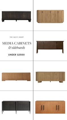 four different types of wooden furniture with the words media cabinets under $ 350 on them