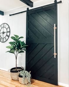 two plants are sitting on the floor in front of a black barn door and clock