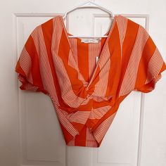 Brand New, Never Worn, Super Cute For Summer! Orange V-neck Top For Day Out, Chic Striped Top For Vacation, Fitted V-neck Summer Top, Chic Cropped Orange Top, Chic Orange Short Sleeve Top, Chic Orange Top For Brunch, Chic Orange Crop Top For Day Out, Orange Crop Top For Day Out, Fitted V-neck Blouse For Day Out