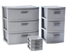 three white wicker drawers with baskets on each drawer