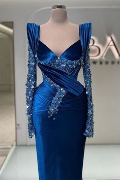 Bellasprom Dusty Blue Evening Dress Long Sleeves Mermaid Split With Sequins Royal Blue Mermaid Prom Dress, Blue Mermaid Prom Dress, Velvet Evening Dress, Lace Wedding Dress With Sleeves, Royal Blue Prom Dresses, Mermaid Prom Dress, Blue Evening Dresses, Long Sleeve Evening Dresses, Short Bridesmaid Dresses