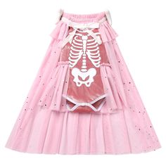 a pink dress with a skeleton on the chest and polka dots in the skirt is shown