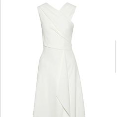 Midi Length, Crepe, Pleated, Draped Dress Fully Lined Concealed Hook And Zip Fastening At Side Fluted Hem Non-Stretchy, Mid-Weight Fabric 100% Polyester White Asymmetrical Midi Dress For Formal Occasions, White Midi Dress With Asymmetrical Neckline For Formal Occasions, Asymmetrical White Dress For Work, White Dresses With Asymmetrical Neckline For Work, White Asymmetrical Dress For Work, White Dress With Asymmetrical Neckline For Work, White Dress With Asymmetrical Neckline For Formal Occasions, White Asymmetrical Neckline Dress For Work, White Formal Midi Dress With Asymmetrical Neckline