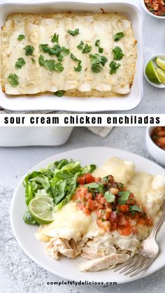 an image of chicken enchiladas with sauce and garnishes on the side