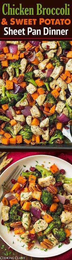 the chicken broccoli sheet pan dinner is ready to be served on the table