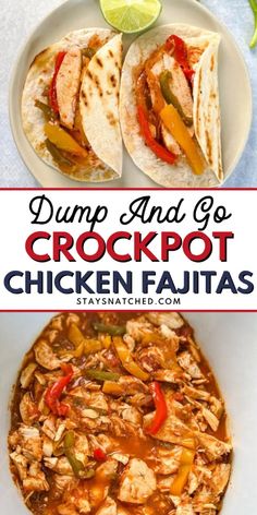 dump and go crockpot chicken fajitas on a white plate with lime wedges