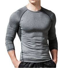 Men's Fitness Quick Drying Compression Long Sleeve Tees Fitted Moisture-wicking Shirt With Crew Neck, Fitted Moisture-wicking Crew Neck Shirt, Gray Long Sleeve T-shirt For Workout, Fitted Workout Shirt With Crew Neck, Fitted Crew Neck Workout Shirt, Fitted Long Sleeve Sportswear T-shirt, Fitted Gray Sportswear T-shirt, Fitted Gray Sportswear Tops, Gray Slim Fit Long Sleeve Top