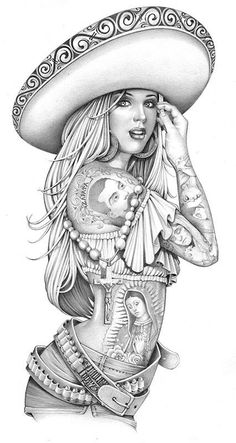 a drawing of a woman wearing a sombrero and holding a cell phone to her ear