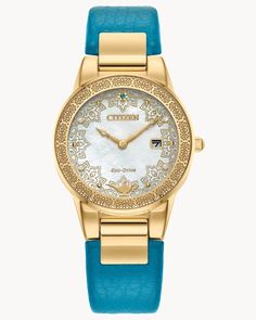 Aladdin White Dial Leather Strap GA1072-07D | CITIZEN Disney Princess Collection, Eco Drive Watches, Teal Leather, Citizen Eco, Princess Collection, Eco Drive, 30th Anniversary, Watch Box, Disney Gifts