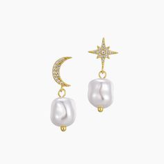 18k Gold Plated Stud Earrings - Star and Moon with Pearl & Zircon, Sterling Silver Cubic Zirconia Stud Earrings for Women Add a touch of celestial magic to your look with our Aster Mismatched Stud Earrings. Featuring a stunning combination of a star, moon, and freshwater pearl, these earrings are perfect for adding a dreamy touch to any outfit. Crafted from 18k gold plated sterling silver, they're both stylish and hypoallergenic. Key Features: Unique Design: Mismatched star and moon with pearl a Everyday Gold Earrings, Dainty Gold Jewelry, Star And Moon, Gold Earrings For Women, 18k Gold Earrings, Sparkling Stars, Dainty Studs, Moon Earrings, Font Family