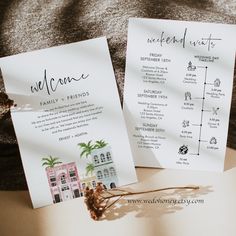 two wedding programs sitting on top of a table next to each other with the names of their guests