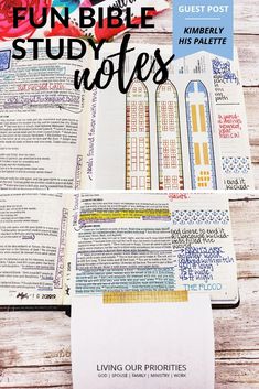 an open bible with the words fun bible study notes written on it and some papers