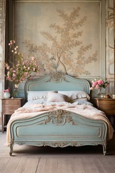 Eclectic Home | Eclectic Interior Design luxury Rococo Inspired Bedroom, Rococo Interior Design Modern, Modern French Interior Design Bedroom, Eclectic Blue Bedroom, Rococo Interior Design Bedroom, French Eclectic Home Decor, Rococo Home Decor, Powder Blue Master Bed, Modern Eclectic Decor Bedroom