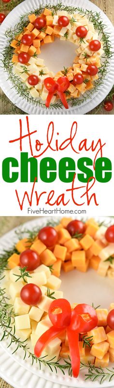 holiday cheese wreath on a plate with tomatoes